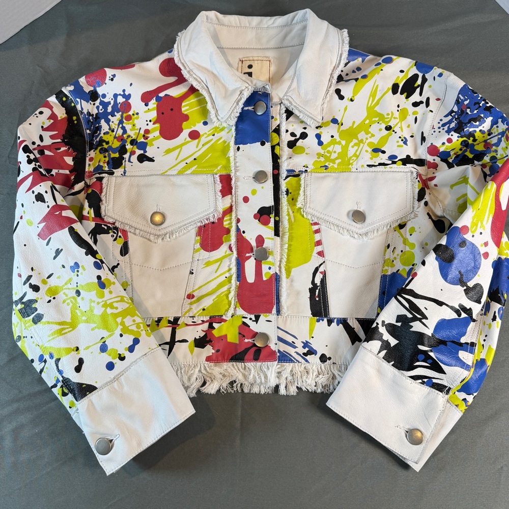 Jkt NYC Colorful Splatter Paint Leather Cropped Fringe Jacket